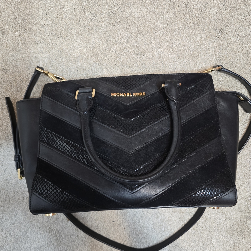 Michael Kors Selma Medium Black Suede Leather Chevron Satchel - Picture 5 of 13